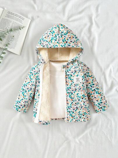 SHEIN Vintaside Kids Jaqueta de Inverno com Capuz Floral Vintage Estilo Casual para Bebês Meninas, Forro Térmico