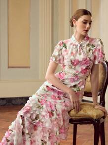 ZEYLAH 女式优雅花卉印花立领飘袖层叠下摆连衣裙，夏季度假风格 - 粉色 - 查看 6