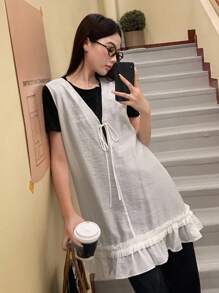 DAZY 女士纯色休闲V领宽松无袖超大号衬衫度假装 - 白色 - 查看 1