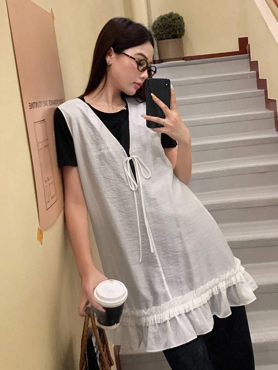 DAZY 女士纯色休闲V领宽松无袖超大号衬衫度假装 - 白色 - 查看 1