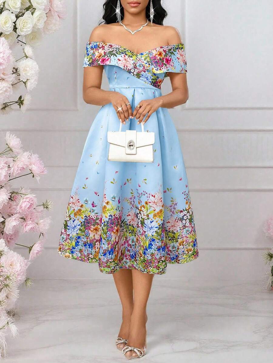 SHEIN Lady Đầm dự tiệc cưới trễ vai in hoa cổ chữ V thanh lịch cho nữ - Màu xanh lam - Xem 1