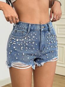 SHEIN PETITE Shorts vaqueros casuales de mujer con bolsillos, bajo deshilachado, rotos y desgastados, estilo Y2K, atuendo de vuelta al colegio y para fiestas de cumpleaños