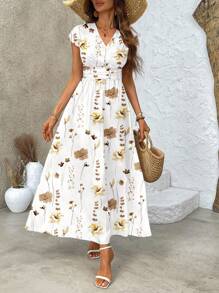 SHEIN Belle Đầm Maxi In Hoa Cho Nữ Cổ V Sâu Eo Xếp Ly Đi Nghỉ Mùa Hè - Màu Khaki - Xem 3