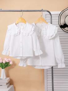 女童白色休闲时尚百搭衬衫，彼得潘领设计，长袖，适合春秋季节 - 白色 - 查看 4
