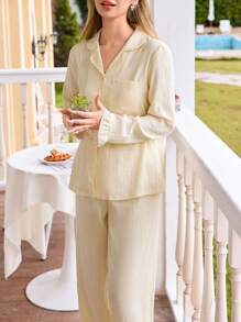 SHEIN Women's Plaid Button Front Long Sleeve Yellow Gingham Top & Pants Pajama Set, Sleepwear Pj Set, Fall Clothes  Cozy And Elegant Details