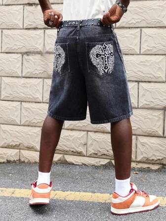 Men's Gothic Summer Fashion Gothic Studded Cross Embroidery Denim Shorts, Halloween