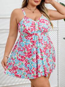 SHEIN CURVE+ 大码女式数码印花分体吊带可拆卸肩带修身抹胸式比基尼泳装套装 - 彩色 - 查看 4