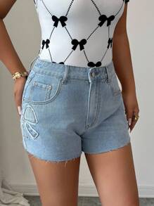 Elenzga Women's Pocketed Bow Applique Frayed Hem Skinny Casual Denim Shorts - Blue - View 6