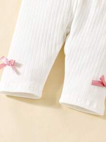 SHEIN 2 件套新生儿纯棉圆领长袖上衣和长裤套装，柔软舒适，设计简约，适合秋冬季 - 白色 - 查看 6