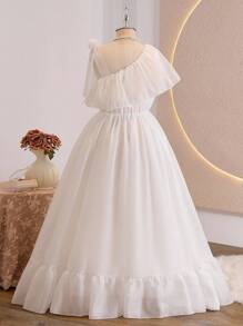 Glamorique Kids 小女孩白色荷叶边单肩网纱拼接蝴蝶结长裙优雅甜美简约设计适合派对通勤夏季 - 白色 - 查看 2