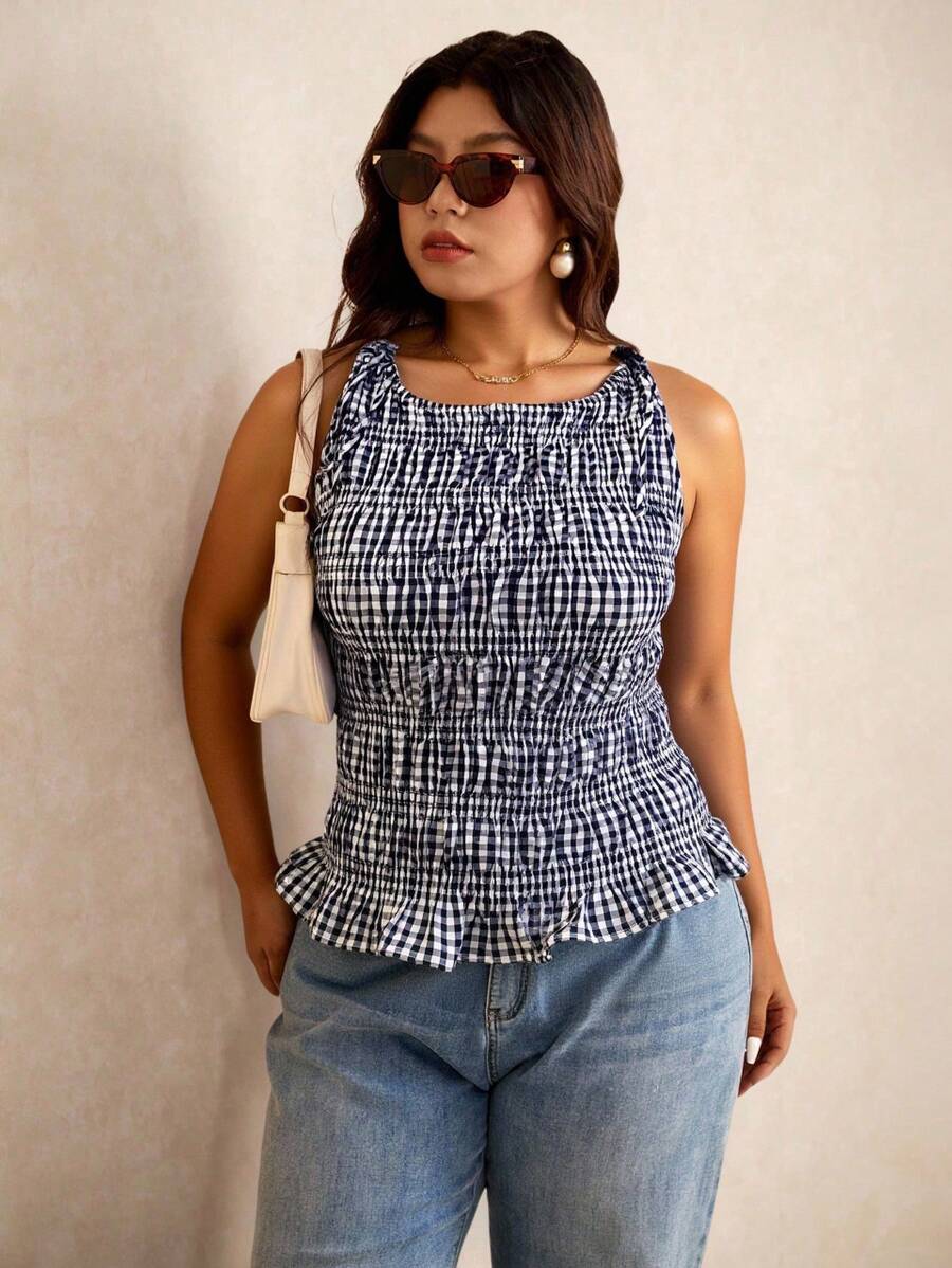 SHEIN Frenchy Plus Size Women's Summer Plaid Ruffle Round Neck Tank Top,Business Casual Woman