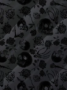 SHEIN EZwear 女式花卉骷髅图案褶皱挂脖背心，适合夏季 - 黑色 - 查看 5