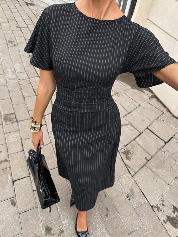 Siren Gaze New Commuter Striped Dress For Women, Waisted A-Line Casual Commuter Wear, Elegant And Exquisite Commuter Long Skirt, Old Money Style Wear,Stockholm Style ,Fall Women Clothes
