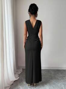 Rafferiza Plus Size Women Party Slit Ruched Slimming Dress - Black - View 2