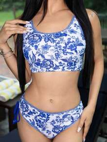 Carolina Barros Women's Boho Vacation Blue & White Porcelain Print Bikini Set Summer - Blue and White - View 3