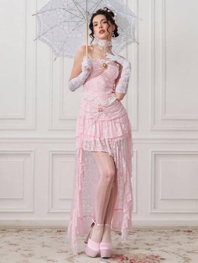 EDITION Vestido bandeau asimétrico de mujer con textura de jacquard, parche de encaje y contraste de color en estilo vintage y romántico de palacio barroco