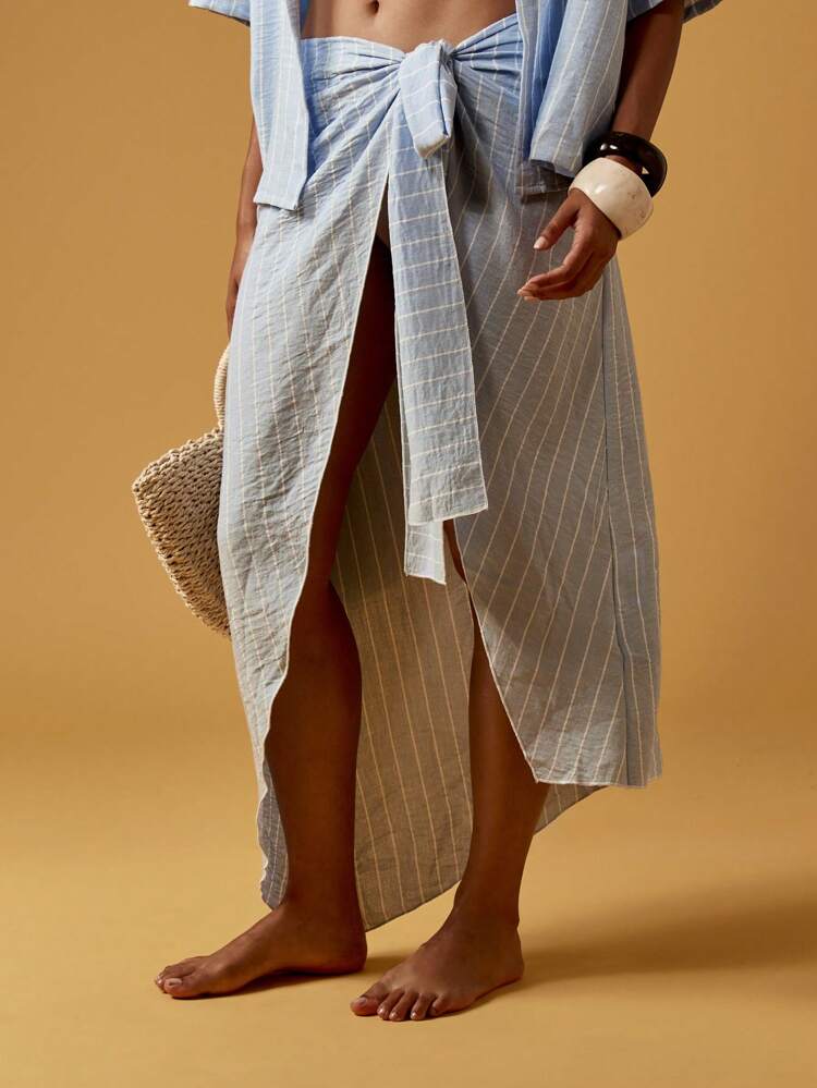 MISSGUIDED Beach Resort Two Piece Wrap Style Coordinated Outfit Vacation Summer Pool Cover Up Casual Stripe Set