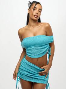 SUMWON WOMEN Crochet Beach Two Piece Resort Wear Ruched Co-Ord Summer Vacation Pool Party Festival Bandeau Top Mini Skirt Set - Blue - View 4