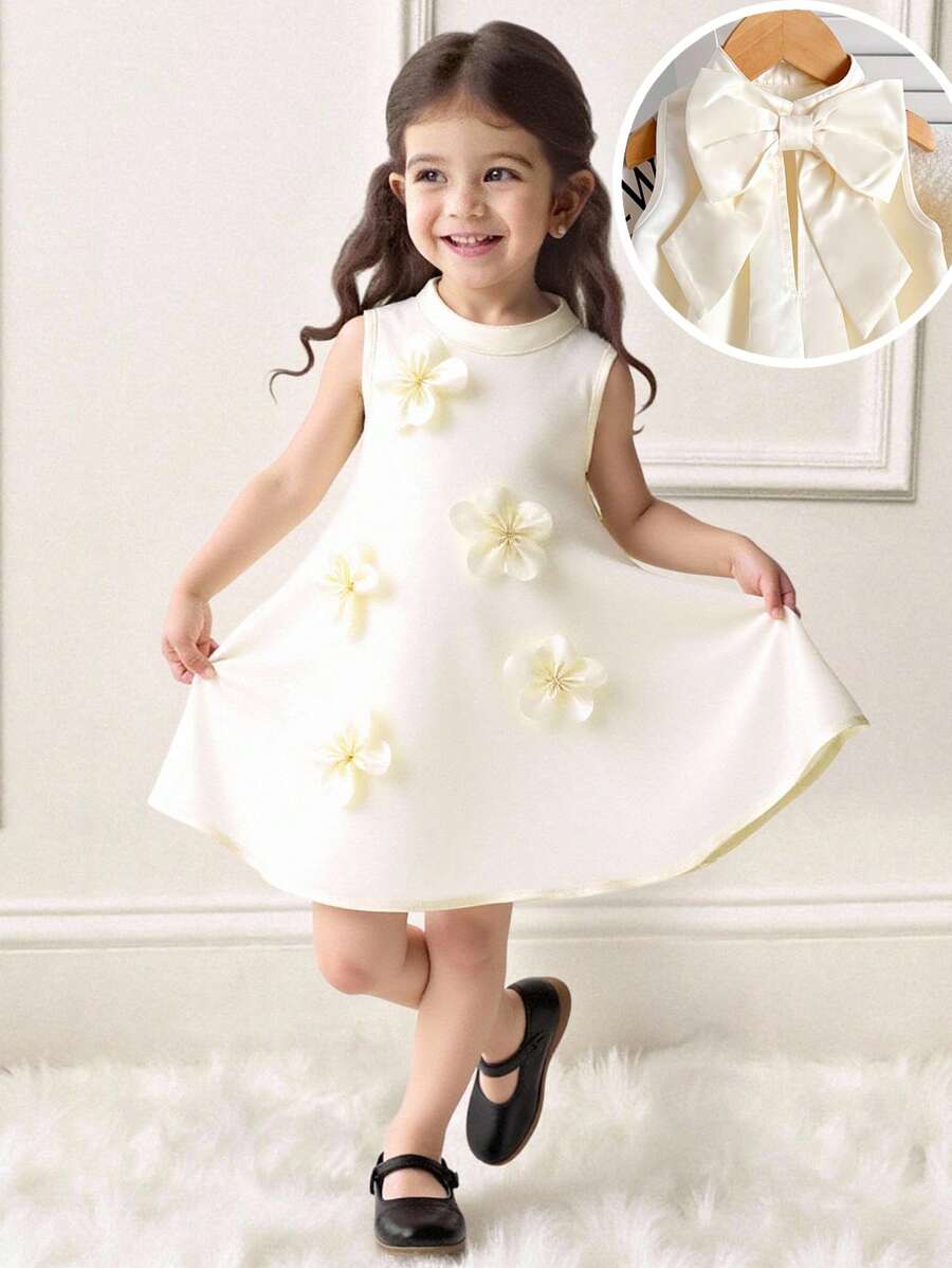 SHEIN 休闲优雅的女婴宽松 A 字形无袖连衣裙，3D 花卉装饰，后颈处有超大蝴蝶结装饰，杏色 - 杏色 - 查看 1