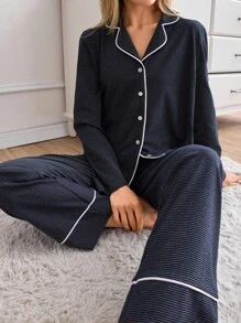 EURMUSE PLUS Women 2 Pcs Button Front With Contrast Colour Binding Detail Homewear Pajama Set - Navy Blue - View 1