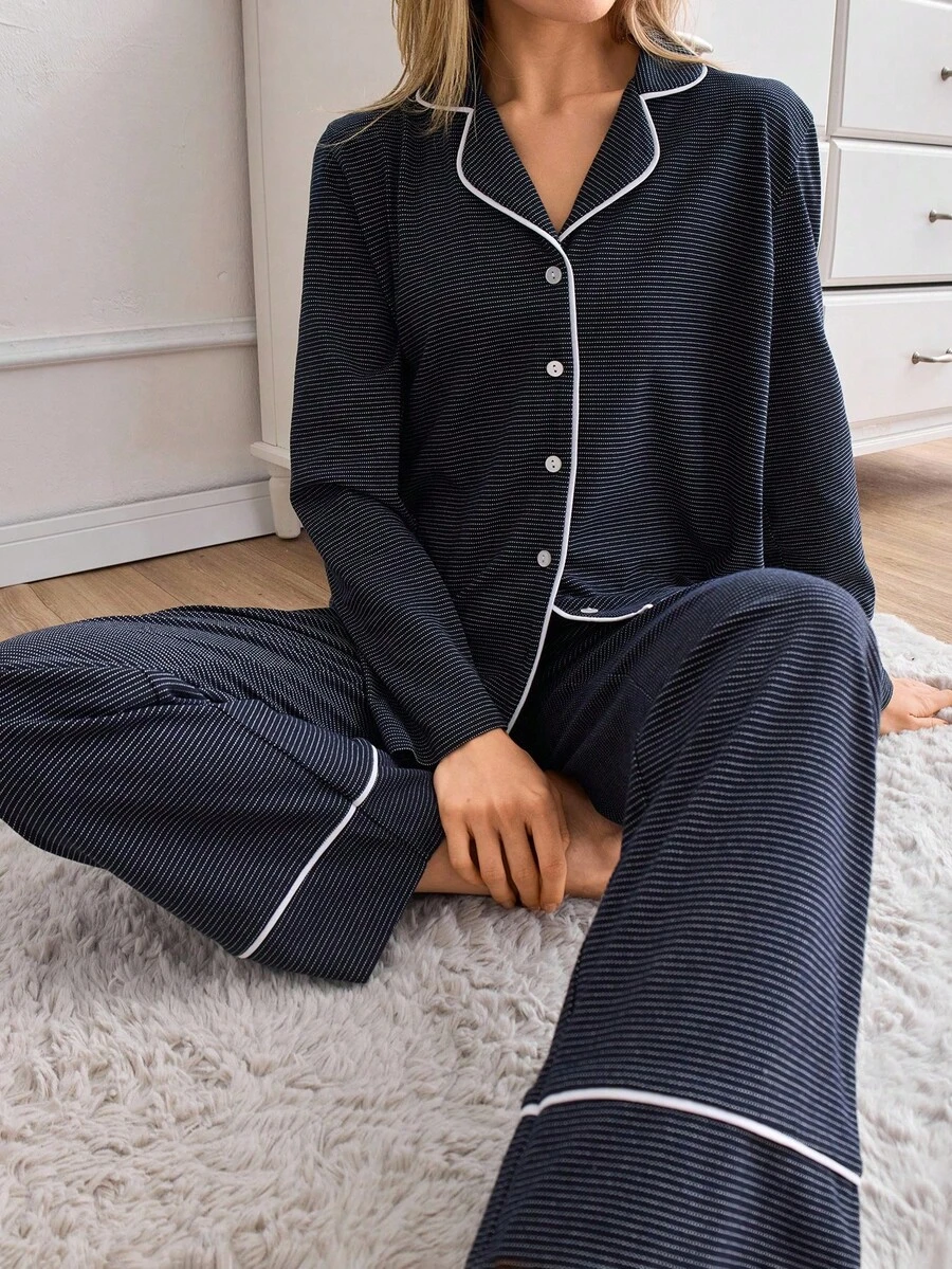EURMUSE PLUS Women 2 Pcs Button Front With Contrast Colour Binding Detail Homewear Pajama Set - Navy Blue - View 1
