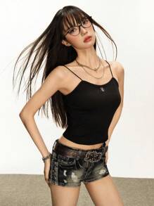 Rina Fox 女士深色美学前卫蜘蛛网露背吊带背心 - 黑色 - 查看 5