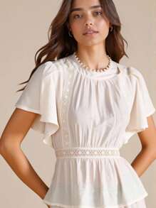 SHEIN LUNE Lace Patchwork Ruffled Hem Short Sleeve Shirt, Casual Vacation Style, Apricot White Blouse For Women - Apricot - View 1
