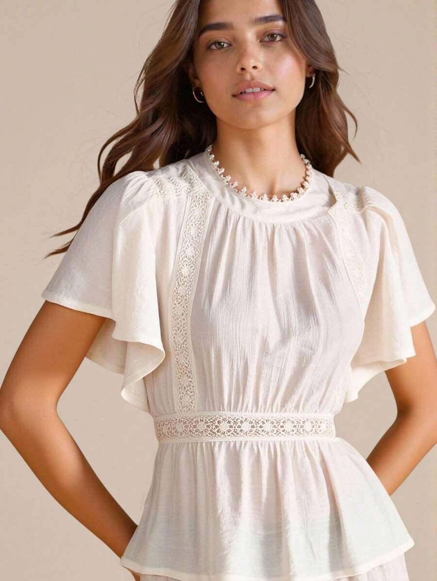 SHEIN LUNE Lace Patchwork Ruffled Hem Short Sleeve Shirt, Casual Vacation Style, Apricot White Blouse For Women - Apricot - View 1