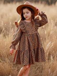 Emery Rose Kids Emery Rose Kids 年轻女孩夏/秋季豹纹荷叶边荷叶边袖连衣裙，非常适合夏秋季休闲日常穿着和上学日常穿着 - 彩色 - 查看 1