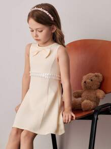 PrepCrw Young Girl Bow Decor Round Neck Elegant Sleeveless Beige Dress,Summer Traditional Wedding Special Occasion School Uniform Teen Outfits - Multicolor - View 6