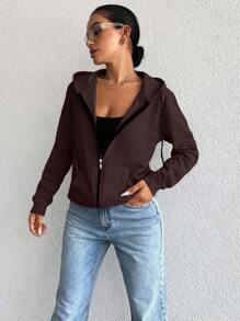 RueChic 100%Cotton Casual Solid Zip Up Drawstring Hoodie - Brown - View 3