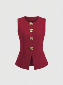 Sweetra 简约法式简约金属纽扣无袖女士薄款西装外套 - 酒紅色 - 查看 1