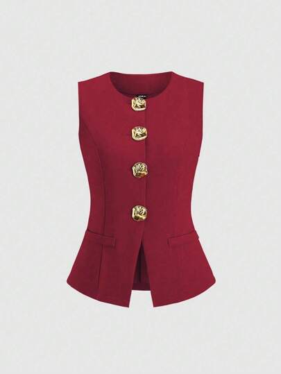 Sweetra بليزر نسائي بسيط من المعدن الفرنسي الأنيق بدون أكمام وقصير الحجم