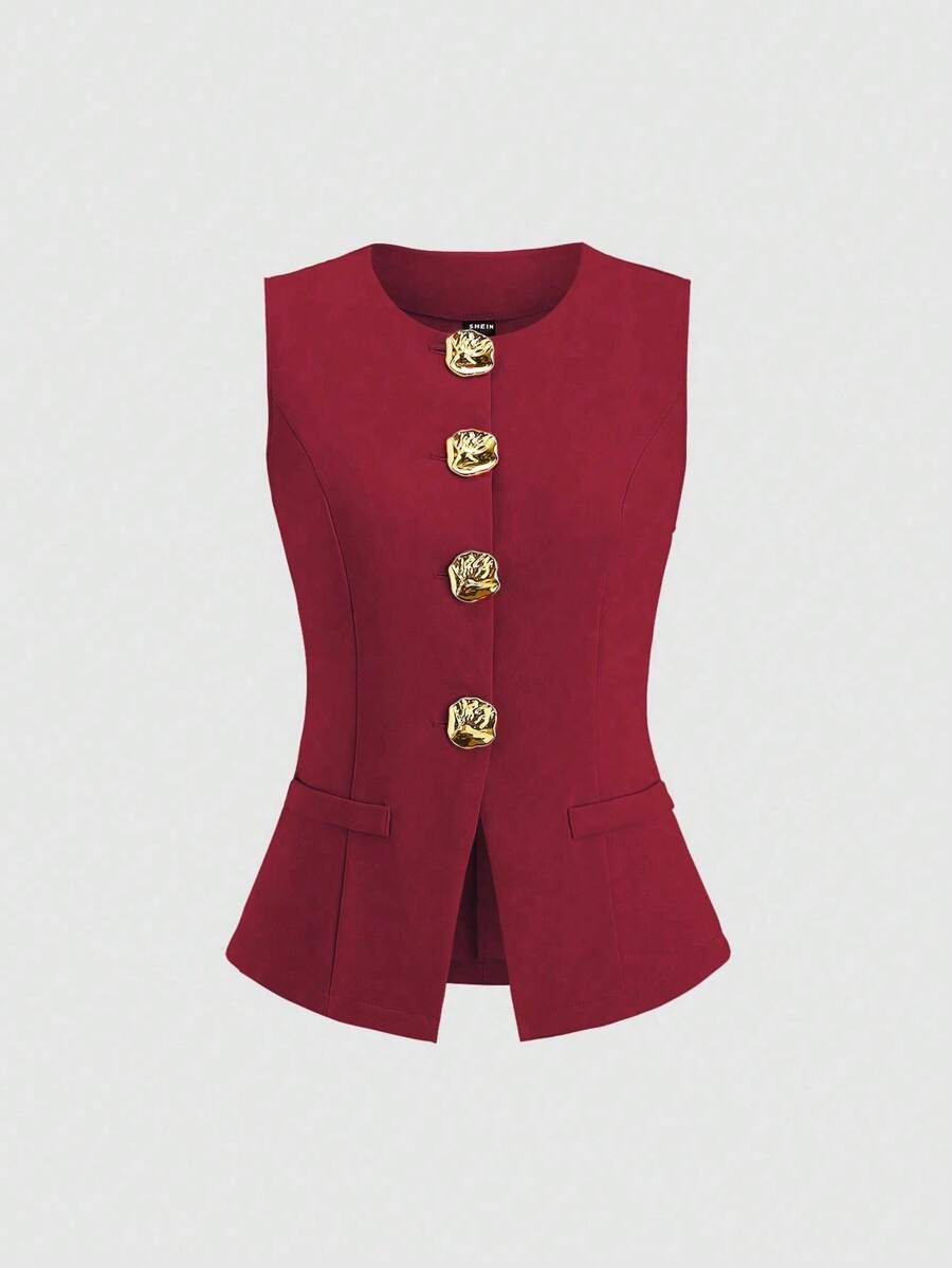 Sweetra 简约法式简约金属纽扣无袖女士薄款西装外套 - 酒紅色 - 查看 1
