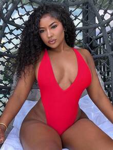 Alexandranx Conjunto de ropa para la playa en primavera para mujer, traje de baño de una pieza sexy con escote profundo en V, corte alto y espalda abierta - Rojo - Ver 1