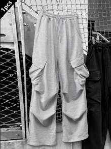 Claim Dot Men's Street-Style, Loose Fit Wide-Leg Baggy Sweatpants, Elastic Waist, Functional Pockets, Utilitarian Elements, Practical & Fashionable, Suitable For Streetwear, Sports, Outdoor Activities, Gym, Casual Daily Wear, Holidays, Unisex - Light Grey - View 3