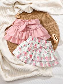 SHEIN 嬰兒女孩花卉印花優雅腰帶兩層蛋糕半身裙 - 粉色 - 查看 1