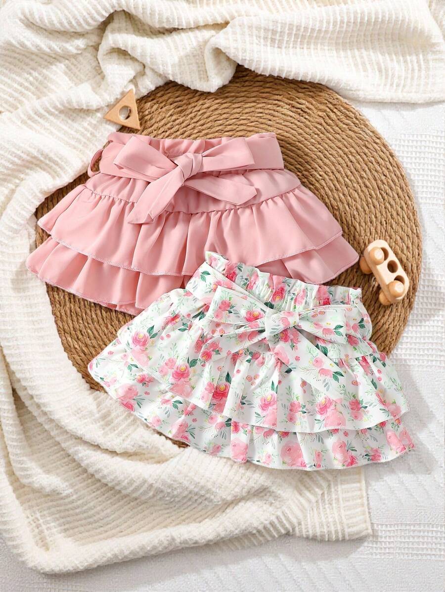 SHEIN 嬰兒女孩花卉印花優雅腰帶兩層蛋糕半身裙 - 粉色 - 查看 1