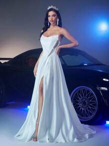 Glamrae 优雅时尚复古白色缎面上衣，船领，侧网拼接，珍珠装饰，褶皱腰线和奢华 A 字裙，适合各种正式场合，女士正式婚纱 - 米色 - 查看 2