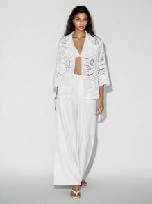 Lumivelle Blazer ouvert à col châle en jacquard fleuri avec dentelle - Blanc - Voir 6