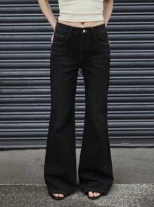 COUREZ 低腰宽松喇叭牛仔裤/女士夏季穿搭 夏季下装 Y2K 街头风 复古棉质 - 黑色 - 查看 2
