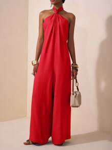 Zivah 2025 Summer New Arrival Music Festival/Easter/Mother's Day/Wedding Season Occasion, Everyday Casual, Vacation, Cruise Travel, Beach, Sunbathing, Fashionable Chic, Elegant Casual Halter Backless Twist Loose Wide Leg Jumpsuit, Red-Brown, For Women - Red - View 6