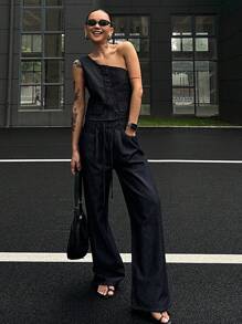 DAZY Dark Blue Washed Asymmetrical Neck Sleeveless Denim Top And Wide Leg Denim Pants Set - Dark Wash - View 5
