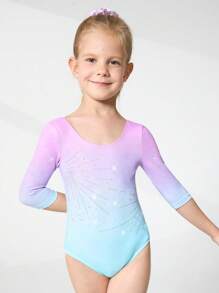 SHEIN 3/4 Sleeve Gradient Color Rhinestone Leotard For Young Girls Competition, Gradient Print & Rhinestone Design, Comfortable, Soft & Stretchy Bodysuit For School Gymnastics, Dance And Sports Training Fall Winter - Multicolor - View 4