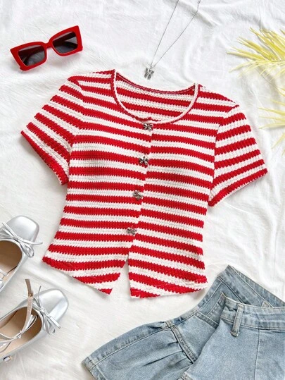 Soleia Women's Vacation Red Striped Knit Textured Round Neck Cardigan With Delicate Bow Metal Button And Side Slit, Fitted Tee For Holiday Dates, Afternoon Tea, Beach, Cruise, City, Music Festival, Boho Vacation Red And White Striped Top Knit Top Short Sleeve Top Summer Tops For Women Knit Tops For Women Back To School, Back To School Season, Graduation Season,Basic Tops