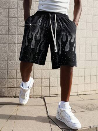 Street Life Pantalones cortos holgados para hombre con estampado de llamas pintado a mano con diamantes brillantes