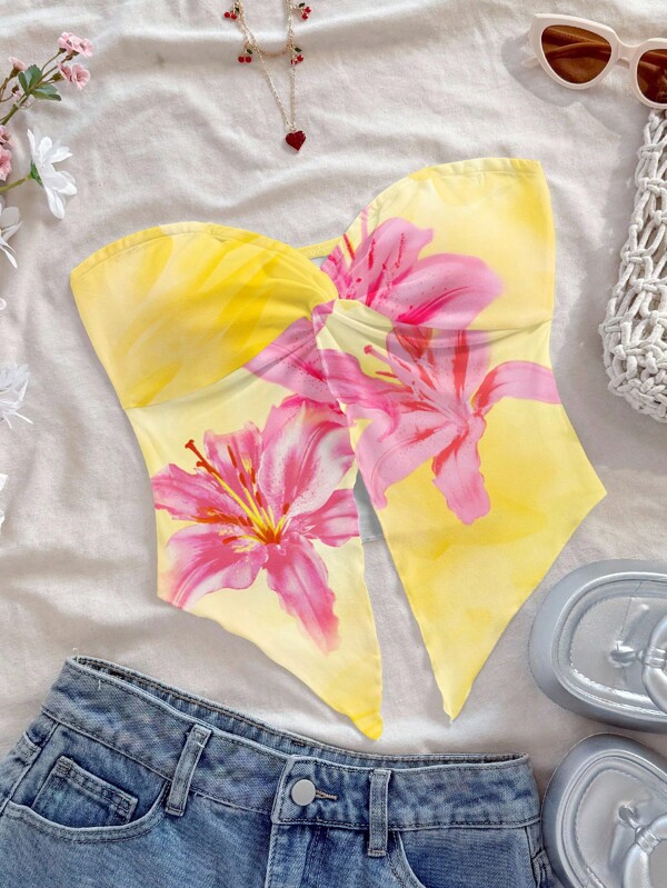 Soleia Top de mujer con estampado de flores tropicales de hibisco en tonos rosas sobre una base amarilla con efecto tie-dye naranja, con corte asimétrico en el bajo, adecuado para primavera/verano y vacaciones