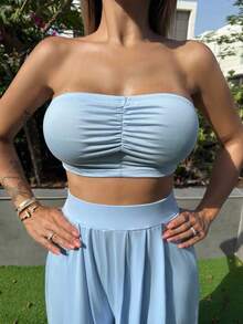 Manon Tanti Bộ quần ống rộng vải xếp quây thời trang nghỉ hè đi biển BOHO Gợi cảm - Màu xanh nhạt - Xem 3