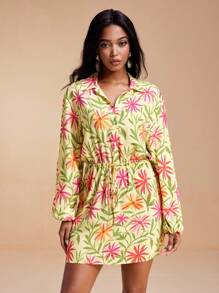 Miriam Omar Light Yellow Summer Floral Printed Viscose Pullover Mini Dress With Button Tie Lantern Sleeve - Multicolor - View 5