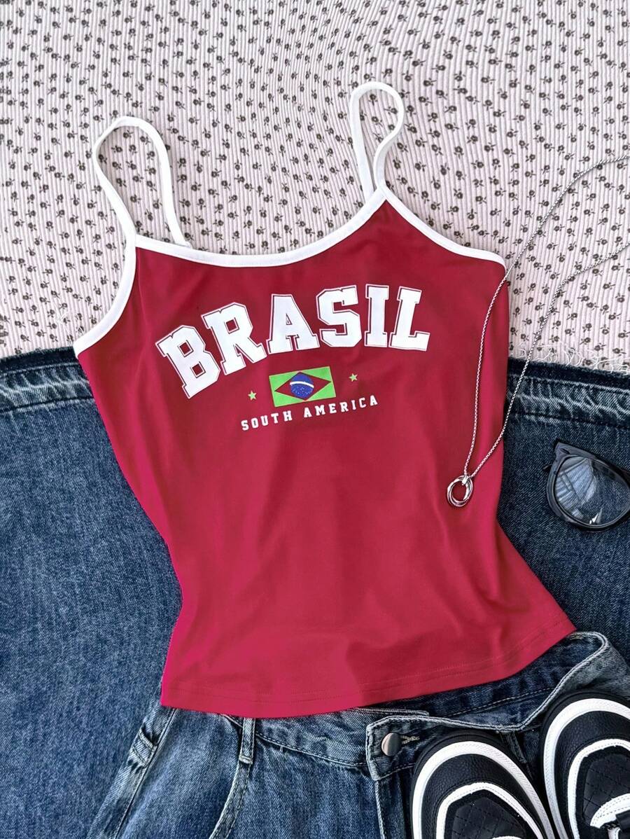 Áo ba lỗ in họa tiết Brazil neon TEENGIRL màu tương phản, phù hợp cho mùa hè, thể thao & giải trí, áo ba lỗ ôm vừa vặn - Đỏ và trắng - Xem 1